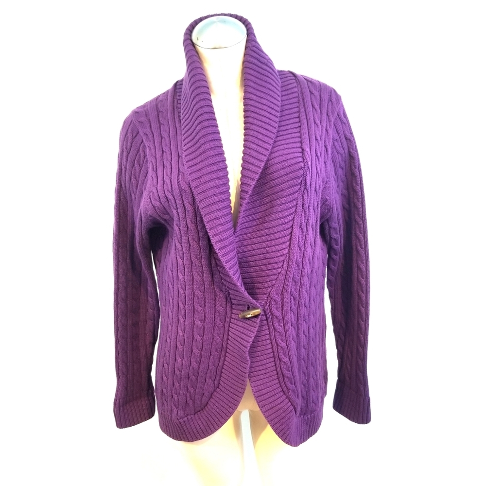 L.L. Bean Purple Cable Knit Shawl Collar Sweater